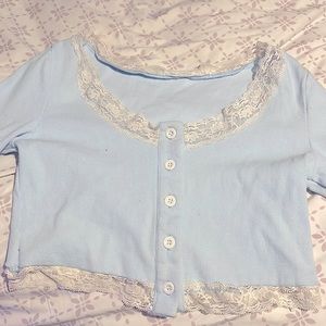 Blue cropped button up lace shirt